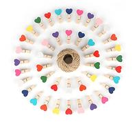 jijAcraft 100Pcs Heart Wooden Pegs: 3.5cm Colorful Mini Photo Pegs and String, Wooden Craft Photo Display Clips for Wedding, Hanging Photos, Cards, Decoration