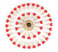 jijAcraft 100Pcs Heart Wooden Pegs: 3.5cm Red Mini Photo Pegs and String Wooden Clothes Pegs Heart Craft Clips Photo Display Clips for Wedding Hanging Photos Cards Decoration