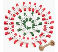 jijAcraft Christmas Mini Wooden Pegs: 50PCS Red Green Snowflakes Photos Pegs, 3.5cm Small Wooden Peg and String, Christmas Decorations for DIY Hanging Xmas Cards and Photo Paper Crafts