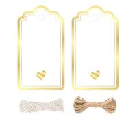 jijAcraft Gift Tags with Gold Heart: 9x5CM White Tags with Gold Goil Edges 100PCS Wedding Labels with String Blank Favour Tag for Gift Wrapping DIY Crafts Wedding Birthday