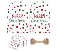 jijAcraft Merry Christmas Tags for Present: 50Pcs White Xmas Gift Tags with Red Green Dots, 8.5x5.5cm Christmas Labels with String for Gift Wrapping, Xmas Sack & Tree Decoration