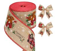 jijAcraft Merry Christmas Wired Ribbon: 6.4CM Wide Xmas Burlap Ribbon with Bell Car, 10M Xmas Wired Hessian Ribbons for DIY Crafts, Christmas Tree, Wreath Decoration