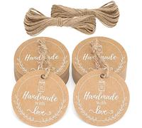 jijAcraft Pack of 100 Brown Round Handmade with Love Gift Tags 5 cm with Jute String Hanging Labels for Wedding Decoration DIY