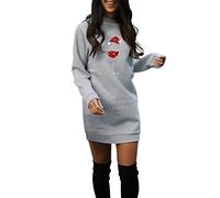 JiJiRuDu Women's Casual Christmas Dress, Large, Grey, Graphic, Long Sleeve, V-Neck, Crew Neck, Loose, Flared Hemline, Faux Fur, Adult, UK L
