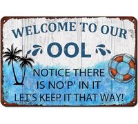 JIKSJVNA Swimming Pool Rules Signs Welcome to Our Ool Metal Tin Sign Notice There is No P in It Pool Sign Poster Pool Deck Backyard Wall Decor Pool Decorations Outdoor 12x8 Inch