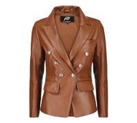 Jild Double Breasted Fancy Buttons Lambskin Leather Blazer Women - Kim Kardashian Long Sleeve Coat Style Leather Jacket Women, Cognac, M