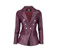 Jild Double Breasted Fancy Buttons Lambskin Leather Blazer Women - Kim Kardashian Long Sleeve Coat Style Leather Jacket Women, Burgundy, M