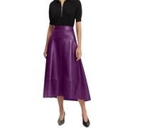 Jild Real Lambskin Leather Skirts for Women High Waist Classical Mid Length Going Out Skirt with Stylish Patchwork, Purple, XL