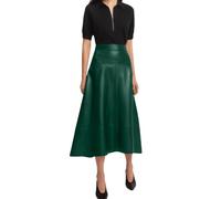 Jild Real Lambskin Leather Skirts for Women High Waist Classical Mid Length Going Out Skirt with Stylish Patchwork, Green, XXL