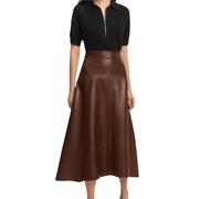 Jild Real Lambskin Leather Skirts for Women High Waist Classical Mid Length Going Out Skirt with Stylish Patchwork, Brown, L