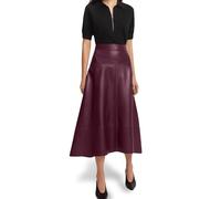 Jild Real Lambskin Leather Skirts for Women High Waist Classical Mid Length Going Out Skirt with Stylish Patchwork, Burgundy, XL