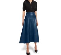 Jild Real Lambskin Leather Skirts for Women High Waist Classical Mid Length Going Out Skirt with Stylish Patchwork, Blue, L