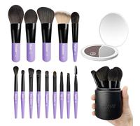 Jilier 14 pcs Mini Makeup Brushes and Pocket Mirror, Travel Makeup Brush Set, LED Compact Mirror with Light, Travel Size with Case, Portable for Handbag, Travel Essentials for Women