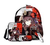 Jilijia Hu Tao Anime Backpack and School Bag Suitable for Young Students and Unisex 3-Piece Set