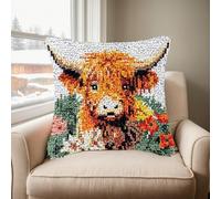 JILIP Highland Cow Latch Hook Kits, 17x17 DIY Pillowcase Hook and Latch Kit, Handmade Needlework Cushion Cover, Crochet Sofa Decoration, Relaxing Craft Activity(White)