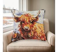JILIP Highland Cow Latch Hook Kits, 17x17 DIY Pillowcase Hook and Latch Kit, Handmade Needlework Cushion Cover, Crochet Sofa Decoration, Relaxing Craft Activity(Beige)
