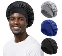 JILLICK 3-Pack Satin Silk Sleep Bonnet for Curly Hair Protection and Moisture Retention - Reversible Large-Capacity Cap with Wide Elastic Band for Night Wear, Breathable and Soft Design
