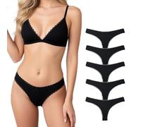 JILLICK 5-Pack black Women's Cotton Ribbed Thongs with Lace Trim Multipack - Comfortable No-Show Panties Seamless Invisible Knickers Briefs Set Hipster Brazilian Underwear for Ladies (5-pack Black M)
