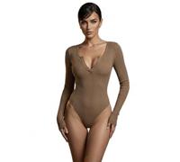 JILLICK Beige Ribbed V-Neck Long Sleeve Bodysuit with Snap Buttons and Seamless Sculpting Fabric - Slimming Shapewear Tops for Casual Wear, Layering and Everyday Outfits with High-Cut Leg Openings