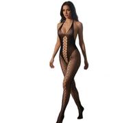 JILLICK Black Fishnet Bodystocking with Halter Neck & Diamond Mesh Cut-Out - Full-Length Sheer Tights for Women Plus Size Lingerie, Costume Wear and Evening Events, One-Piece V-Neck Suit