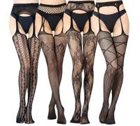 JILLICK Black Lace Mesh Tights with Floral Fishnet Patterns and Garter Straps - Set of Four Pairs Featuring Sheer Stockings, Cut-Out Waistbands, Polka Dot & Crisscross Designs for Women's Fashion