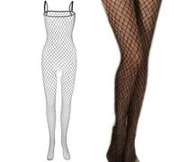 JILLICK Fishnet Bodystocking with Full- Mesh Design & Open Crotch - Black Diamond-Pattern Tights for Women Featuring Adjustable Straps and Seamless Fit, Ideal for Costume Wear and Nightlife Fashion