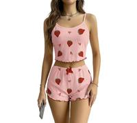 JILLICK Print Camisole Shorts Sleepwear Set For Women - Two-Piece Deep V-Neck Lace Trim Pyjama Lounge Set Lightweight Soft Satin Feel Polyester Elastane Blend Ruffled Hem with Bow (No.1 Size S)