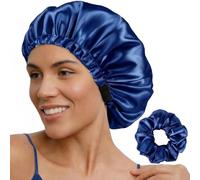 JILLICK Royal Blue Satin Hair Bonnet Set With Adjustable Side Band And Scrunchie - Double-Layer Fabric Minimises Friction, Locks In Moisture For All Hair Types During Sleep, Skincare And Workouts