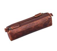 'Jim' Leather Pencil Case Vintage | Large 2-Compartment Round Pen Holder for Men and Women | Genuine Leather Pouch Stationary Organizer, Colour:Kara - Cognac
