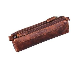 'Jim' Leather Pencil Case Vintage | Large 2-Compartment Round Pen Holder for Men and Women | Genuine Leather Pouch Stationary Organizer, Colour:Kara - Cognac