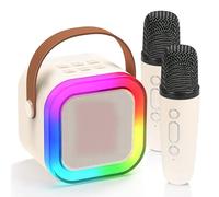JIMACRO Mini Machines Karaoke with 2 Wireless Microphones, Karaoke Machine with LED Lights Bluetooth Speaker and Microphone Set for Kids Adults (White)