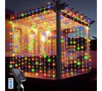 JIMACRO Solar Curtain String Lights, 3Mx3M Waterproof Curtain Lights 10 Pcs Hanging Fairy String Lights 8 Modes 300 LED Waterfall Garden Lights with Remote for Christmas Party Holiday Decorations