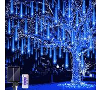 JIMACRO Solar Meteor Shower Lights Outdoor with Remote Control, 10 Tube 240 LED Falling Rain Drop Light, Christmas Falling Snowfall Light for Tree Patio Party Wedding Xmas Decor, Blue