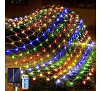 JIMACRO Solar Powered Net Lights Outdoor, 1.5 m x 1.5 m 96LEDs Mesh Fairy Lights with 8 Modes, Remote Control Waterproof Copper Wire Bush Fairy Lights, for Xmas Tree Lawn Bushes Garden Décor