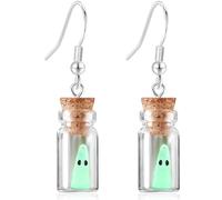 JIMARIN Ghost Earrings Ghost In A Glass Bottle Dangle Drop Earrings for Women Halloween Tiny Glow In The Dark Spooky Charm Pendant Earrings, Regular, Glass, No Gemstone