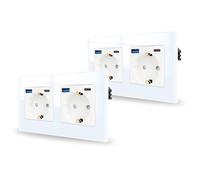 JIMEIDA 2 Pack Double Socket with USB 20 W Glass White Flush-Mounted, Double 16 Amp Sockets with USB A and Type C, 157 x 86 mm, 250 V