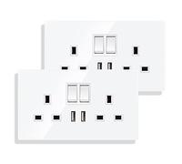JIMEIDA 2 Pack Double Switched Socket 13 Amp with 2 USB Charging Ports Crystal White Glass Panel Wall Outlet Electric Power Socket