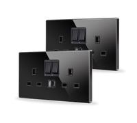 JIMEIDA 2 Pack Double Switched Socket Black 20W Fast Charging 13 Amp with USB A and Type C Charging Ports Crystal Glass Panel Wall Outlet