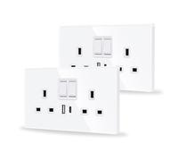 JIMEIDA 2 Pack Double Switched Socket White 20W Fast Charging 13 Amp with USB A and Type C Charging Ports Crystal Glass Panel Wall Outlet