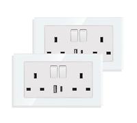 JIMEIDA 2 Pack White Double Switched Socket 13 Amp Glass Panel with USB-A And Type-C Charging Ports Crystal Wall Outlet Electric Power Socket