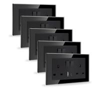 JIMEIDA 5 Pack 20W Black Double Switched Socket Fast Charging 13 Amp with USB A and USB C Charging Ports Crystal Glass Panel Wall Outlet,250V