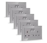 JIMEIDA 5 Pack 20W Grey Double Switched Socket Fast Charging 13 Amp with USB A and USB C Charging Ports Crystal Glass Panel Wall Outlet,250V