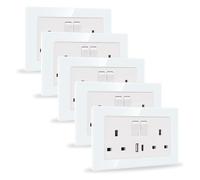 JIMEIDA 5 Pack 20W White Double Switched Socket Fast Charging 13 Amp with USB A and USB C Charging Ports Crystal Glass Panel Wall Outlet,250V