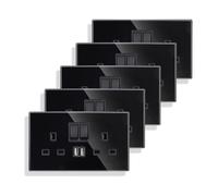 JIMEIDA 5 Pack Double Switched Socket 13 Amp with 2 USB Charging Ports Crystal Black Glass Panel Wall Outlet Electric Power Socket