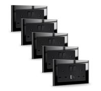 JIMEIDA 5 Pack Double Switched Socket Black 20W Fast Charging 13 Amp with USB A and Type C Charging Ports Crystal Glass Panel Switched Socket