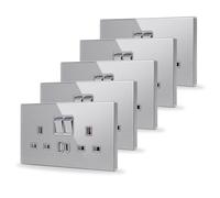 JIMEIDA 5 Pack Double Switched Socket Grey 20W Fast Charging 13 Amp with USB A and Type C Charging Ports Crystal Glass Panel Wall Outlet