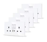 JIMEIDA 5 Pack Double Switched Socket White 20W Fast Charging 13 Amp with USB A and Type C Charging Ports Crystal Glass Panel Wall Outlet