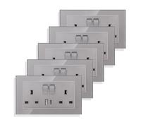 JIMEIDA 5 Pack Grey Double Switched Socket 13 Amp Glass Panel with USB-A And Type-C Charging Ports Crystal Wall Outlet Electric Power Socket