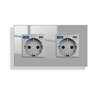 JIMEIDA Double Socket Glass with USB 20 W Fast Charging in Grey Flush-Mounted 2 Compartment 16 Amp Sockets with USB A and Type C Max. 3.1 A, 157 x 86 mm, 250 V