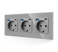 JIMEIDA Plug Socket with USB, Grey, 3 Sockets, 16 A, Schuko Glass, Fast Charging, USB connector and Type-C port, max. 3.1 A, 228 x 86 mm, 250 V